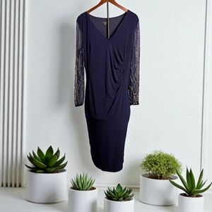 Marina Navy Blue V Neck Beaded Ruched Midi Cocktail Dress l Size XL